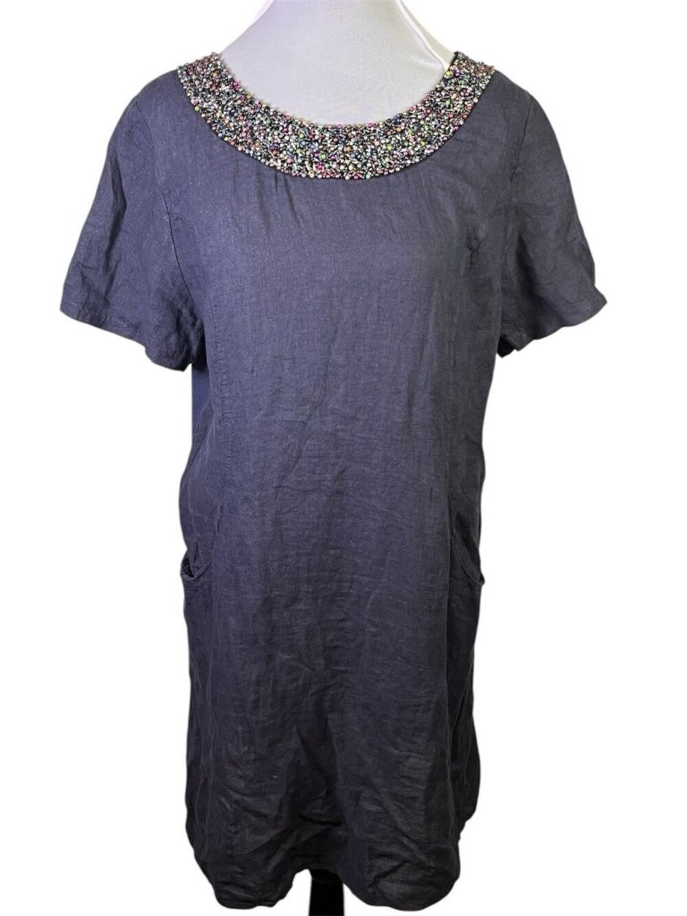 Lina Tomei Made in Italy 100% Linen Beaded Navy Shift Dress Sz L Pockets Panels